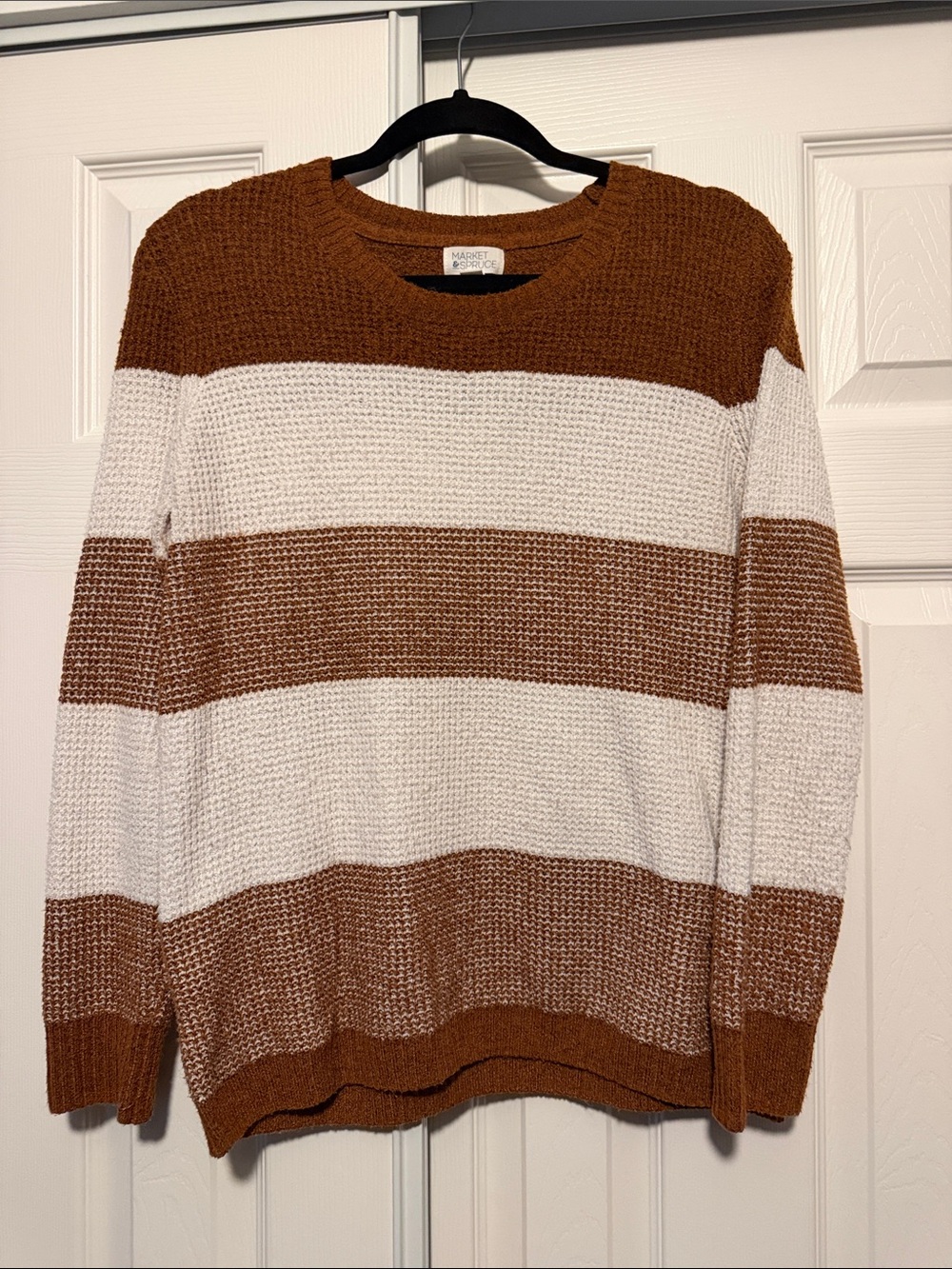 Market & Spruce Woman’s Cream and Tan Wide-Striped Crewneck Sweater